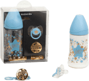 SUAVINEX Set Haute Couture láhev 3 poziční 270 ml+klip+dudlík 0-4m – kluk SUAVINEX Set Haute Couture láhev 3 poziční 270 ml+klip+dudlík 0-4m – kluk