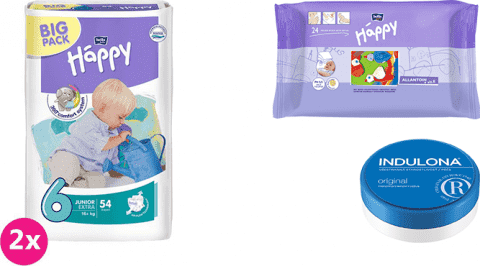 2x BELLA HAPPY Junior Extra 6 plienky (16+ kg) 54 ks + Indulona Telový krém 75 ml + Happy Wipes 24 k 2x BELLA HAPPY Junior Extra 6 plienky (16+ kg) 54 ks + Indulona Telový krém 75 ml + Happy Wipes 24 k